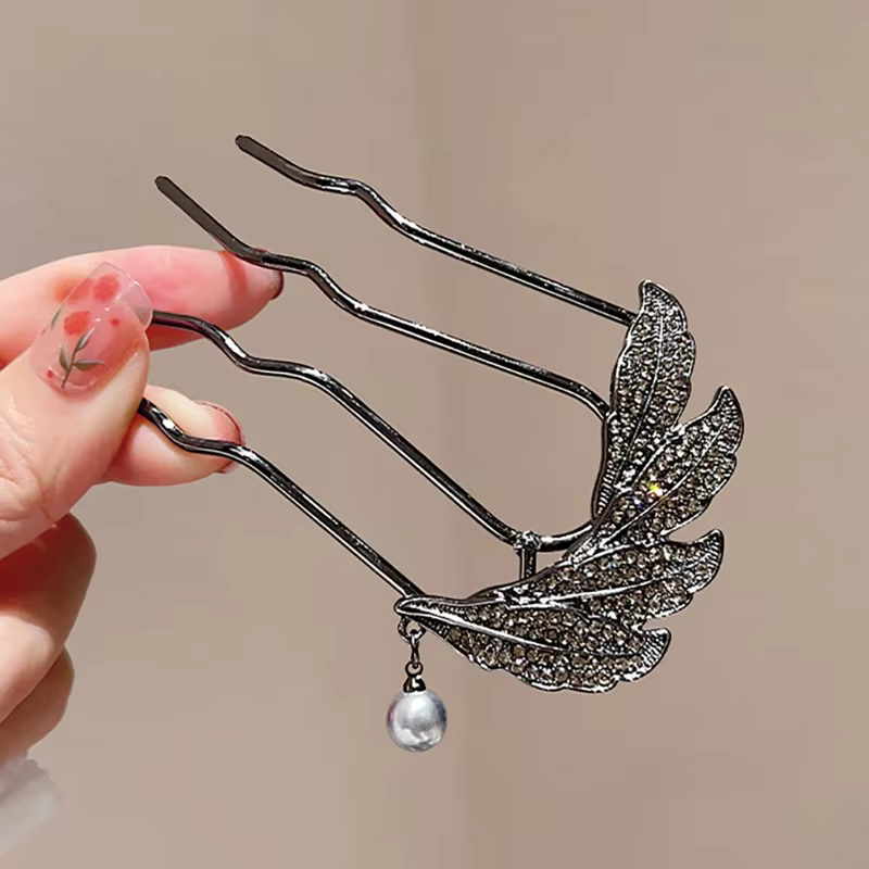 Peignes à cheveux en forme de U style antique avec strass et feuilles