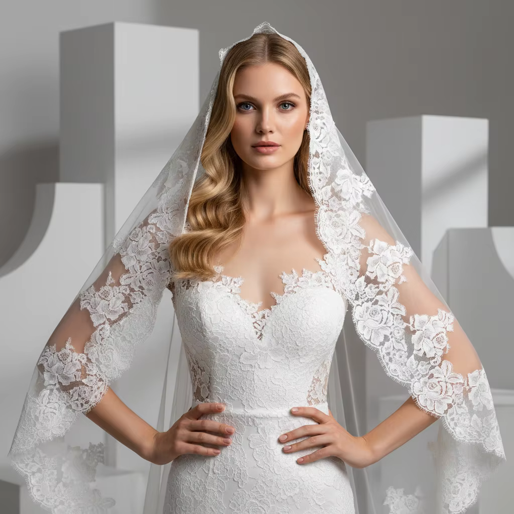 Voile de mariée élégant en dentelle blanche avec appliques florales
