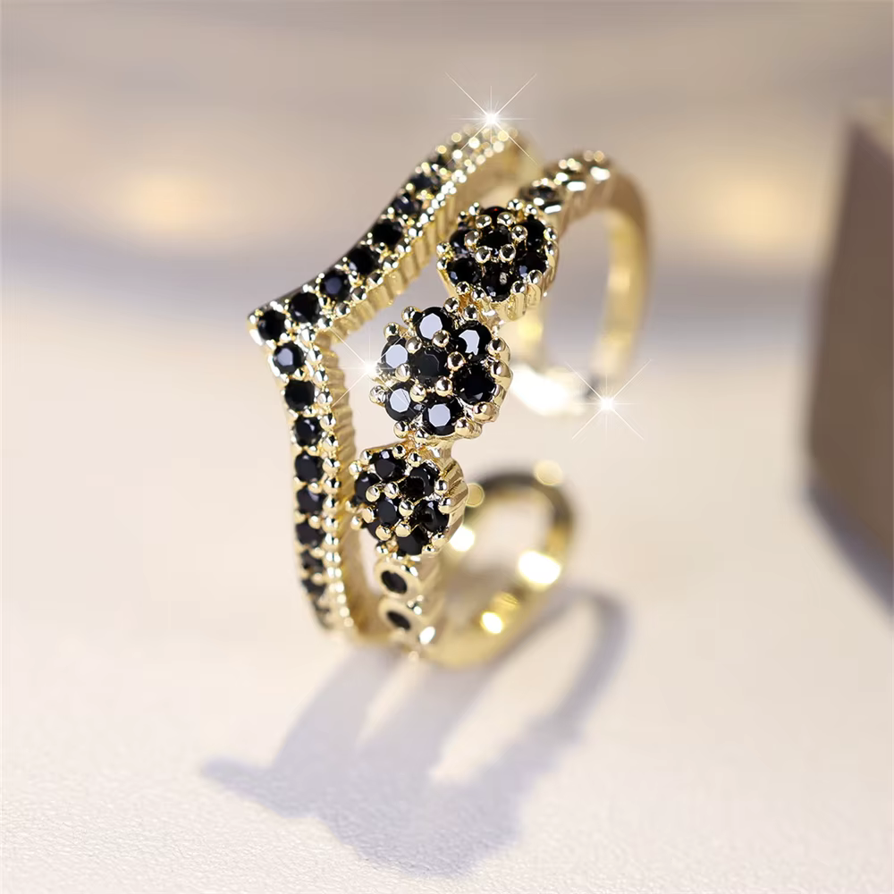 Bague d'ouverture Vintage en Zircon noir pour femmes