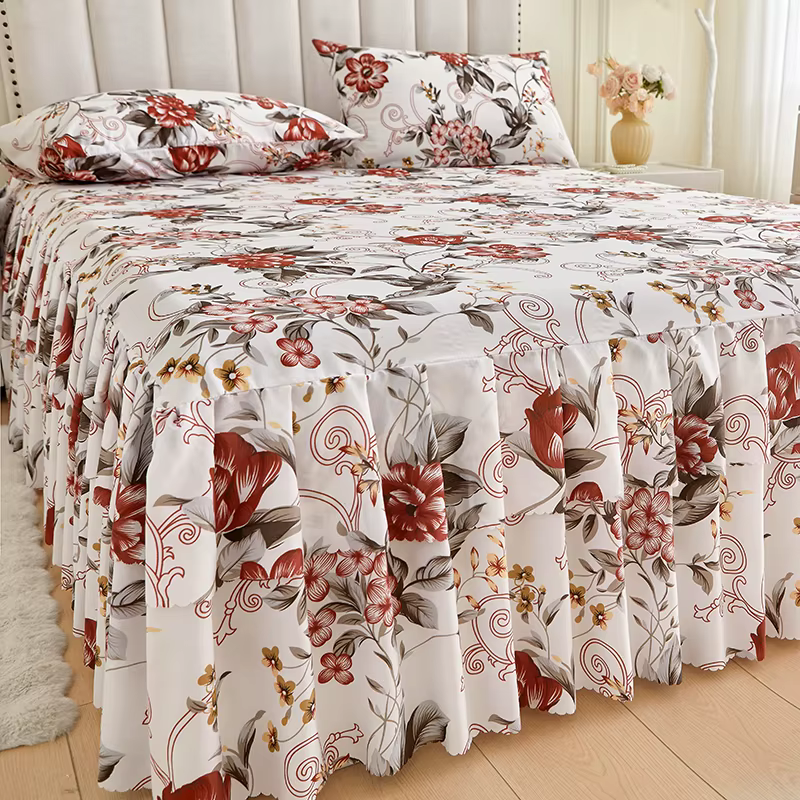 Ensemble de 3 pièces de jupe de lit de Style Floral et taie d'oreiller