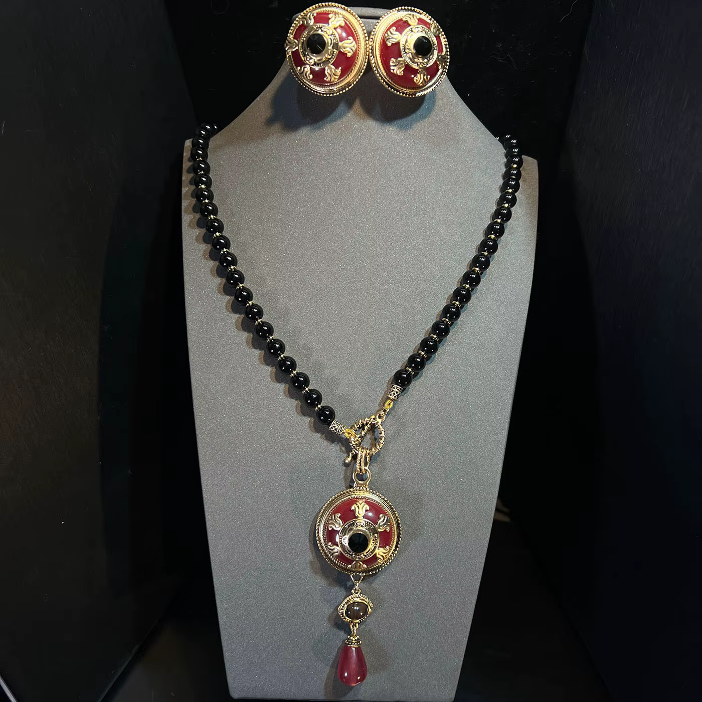 Ensemble collier et boucles d'oreilles vintage en agate à double et simple couche pour femmes