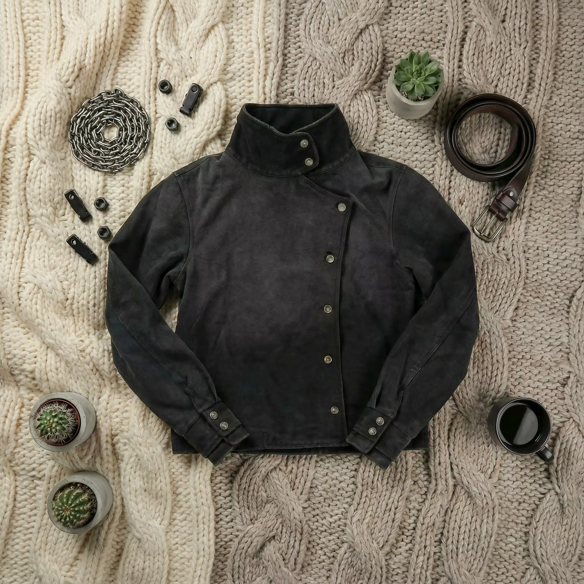 Veste courte à col asymétrique noir pour hommes et femmes