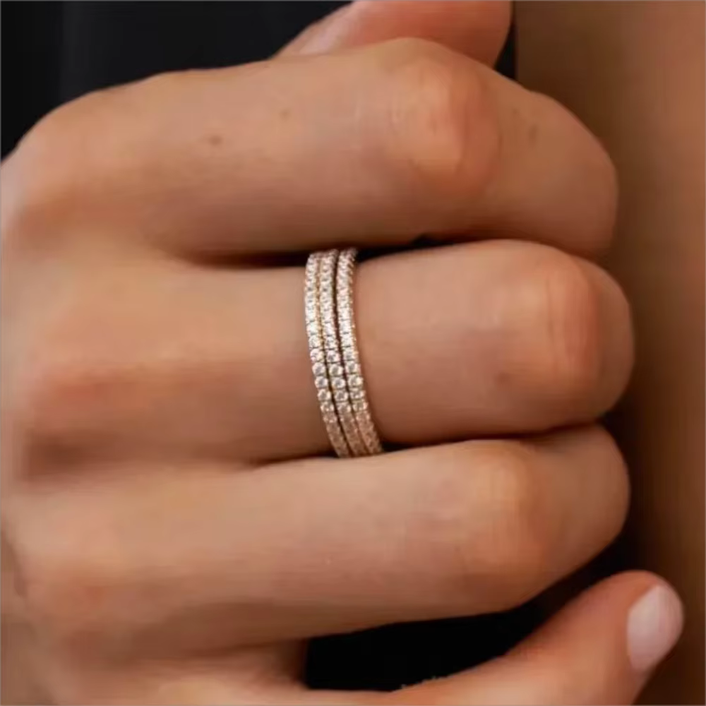 1/3 pièces mince délicat empilable anneau minimaliste pleine éternité bande cubique zircone couleur or Rose plaqué pavé anneaux pour les femmes
