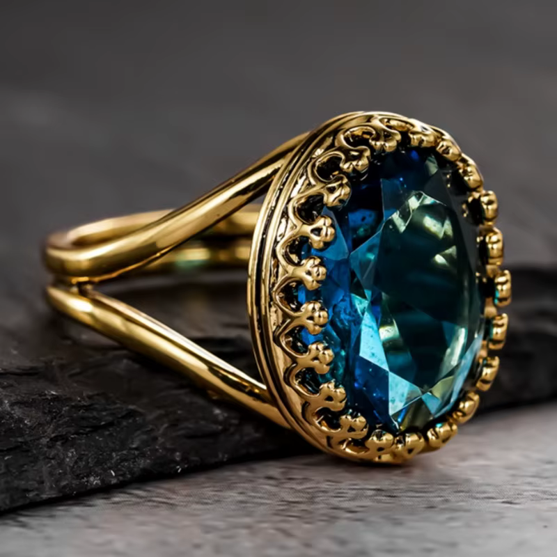 Bague vintage de luxe couleur or avec zircone synthétique ovale bleue pour femmes