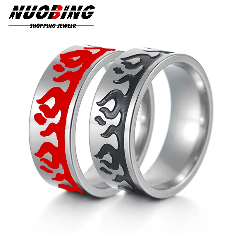 Bague en acier inoxydable à motif de flamme rouge vintage punk pour hommes et femmes