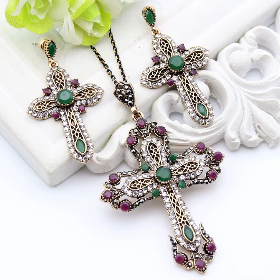 Neovisson Ethnic Jewelry Flower Cross Necklace Antique Gold Color Resin Ladies Favorite Gift Wedding