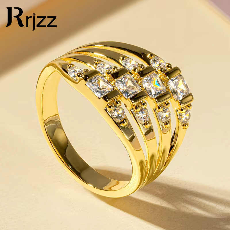 Rrjzz luxe 14k plaqué or bague en pierres précieuses Baglogio Radiand Cut CZ simulé diamant anneaux pour femmes hommes doigt bijoux cadeaux