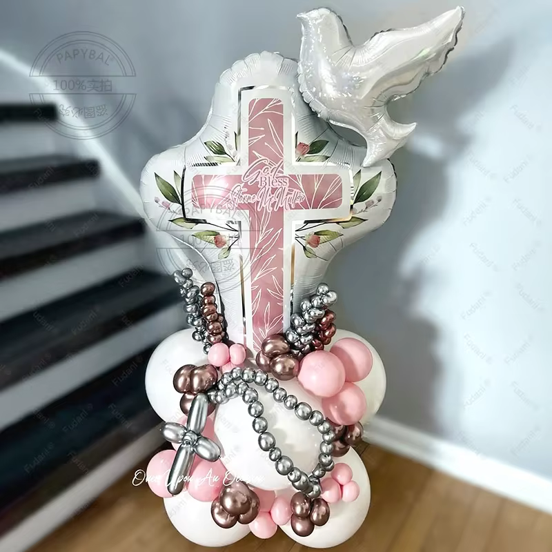 Bleu rose bébé baptême ballon croix bain feuille
