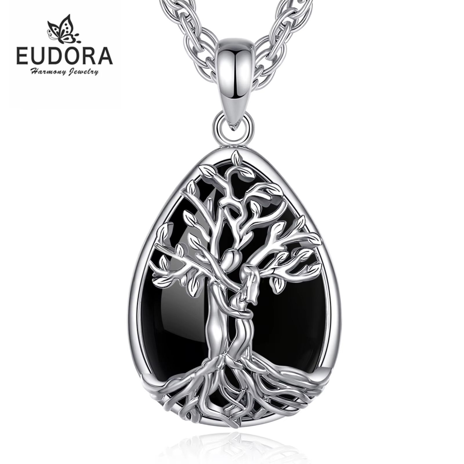 Collier Eudora Arbre de Vie avec Pendentif Couple en Obsidienne
