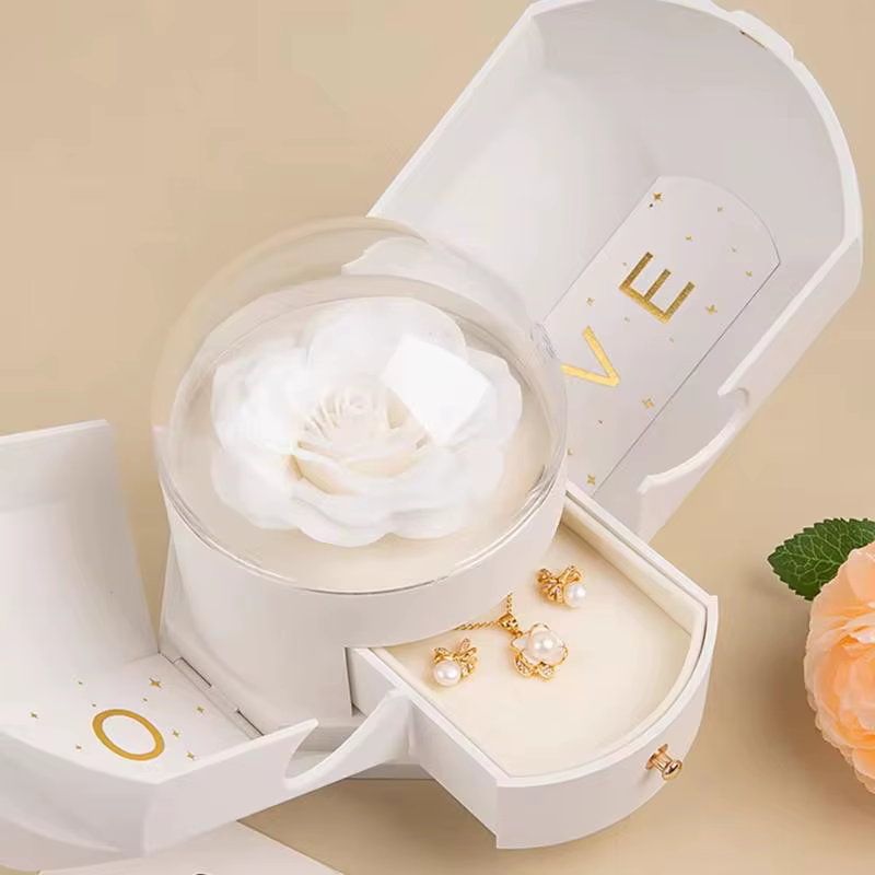 Boîte à bijoux de fleurs séchées en or rose avec compartiment d'amour secret – Surprise d'anniversaire de luxe dévoidant pour H