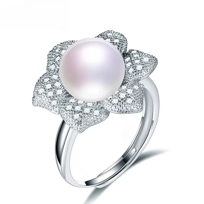 YWYC 100% véritable perle de culture d'eau douce bague mode 925 en argent Sterling fleur Zircon cristal