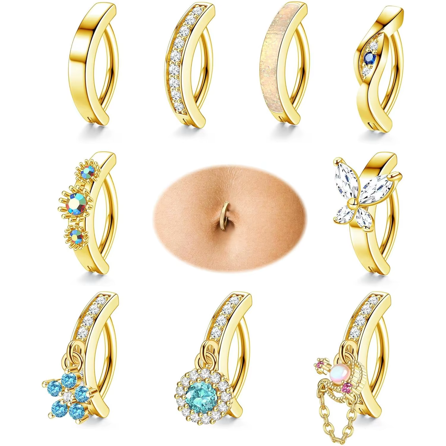 Bobisty 9 pièces 14G nombril anneau pour femmes acier chirurgical mignon CZ opale ventre anneaux balancent inversé corps