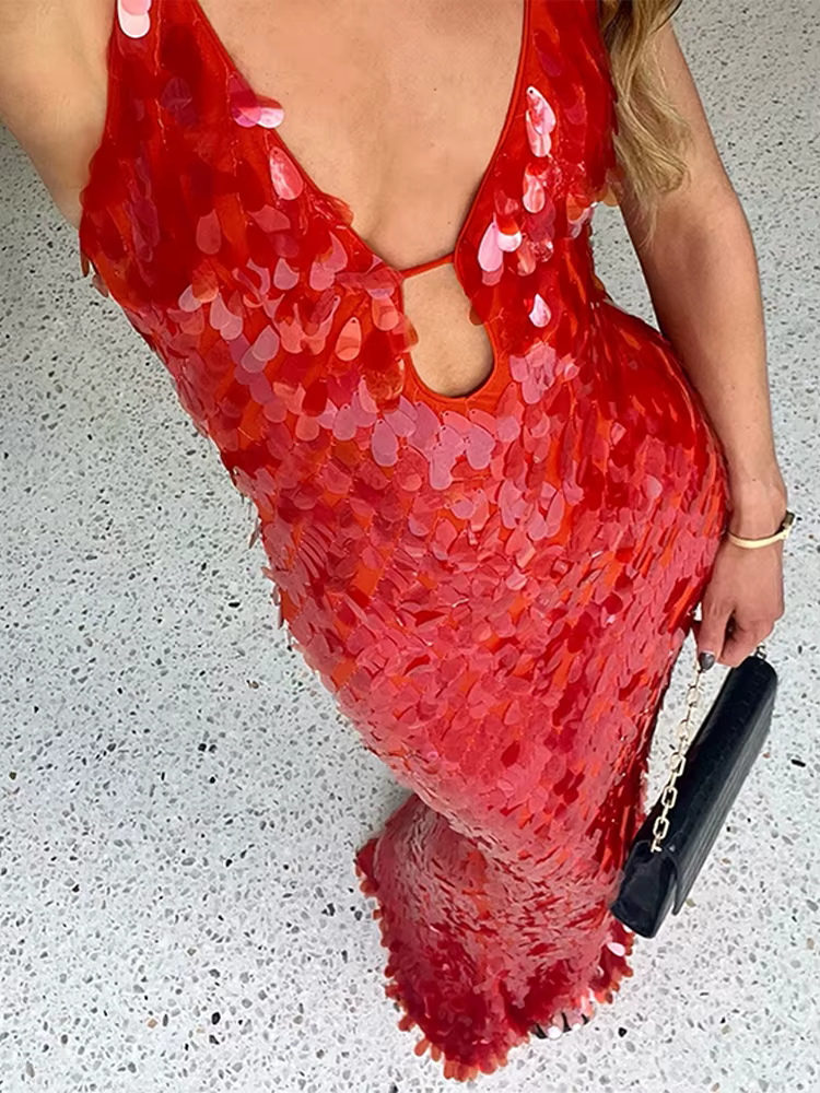 Sexy paillettes longue fronde robe de soirée femmes col en V sans manches rouge Maxi mince Robes femme 2025 été dame