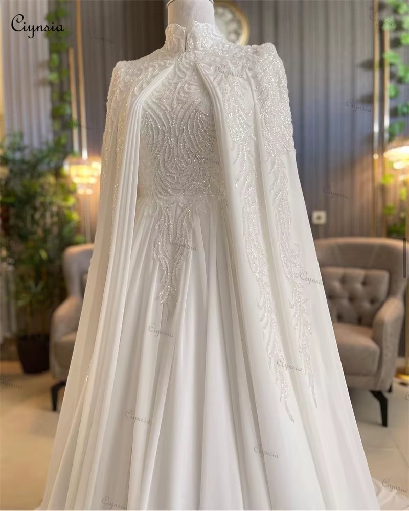 Robe de mariée musulmane de luxe personnalisée Ciynsia 2026 en mousseline avec perles