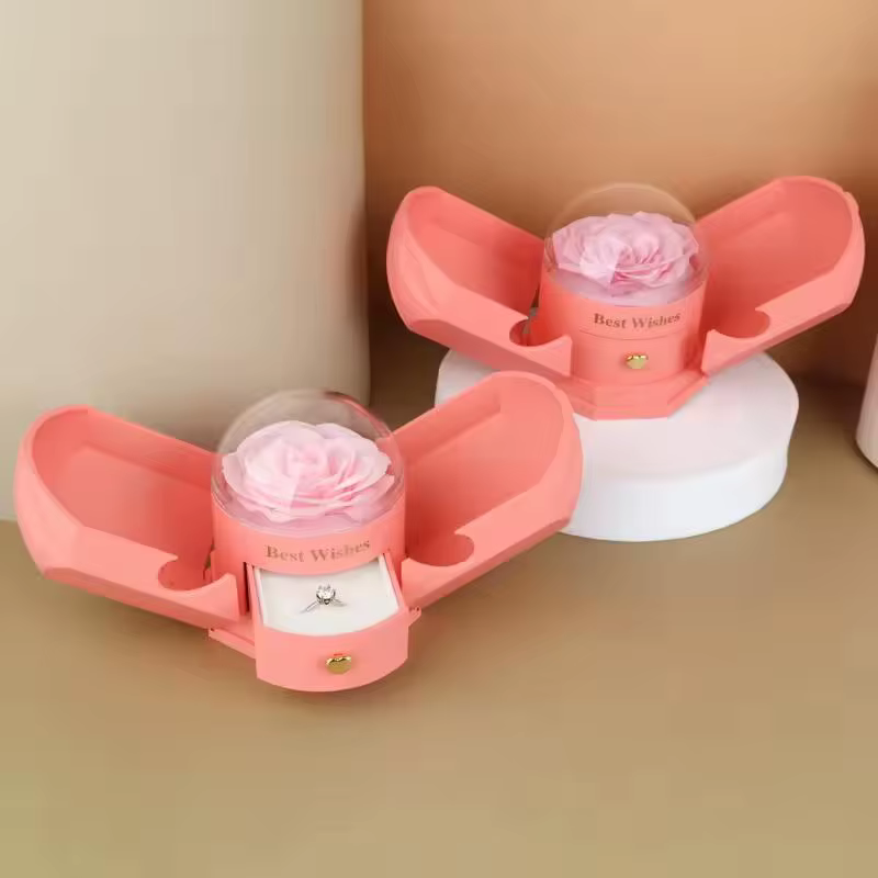 Boîte à bijoux de fleurs séchées en or rose avec compartiment d'amour secret – Surprise d'anniversaire de luxe dévoidant pour H
