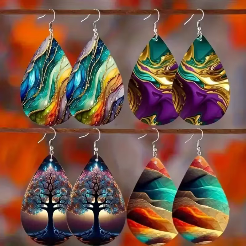 Boucles d'oreilles en bois à motif ondulé d'eau coloré de Style bohémien
