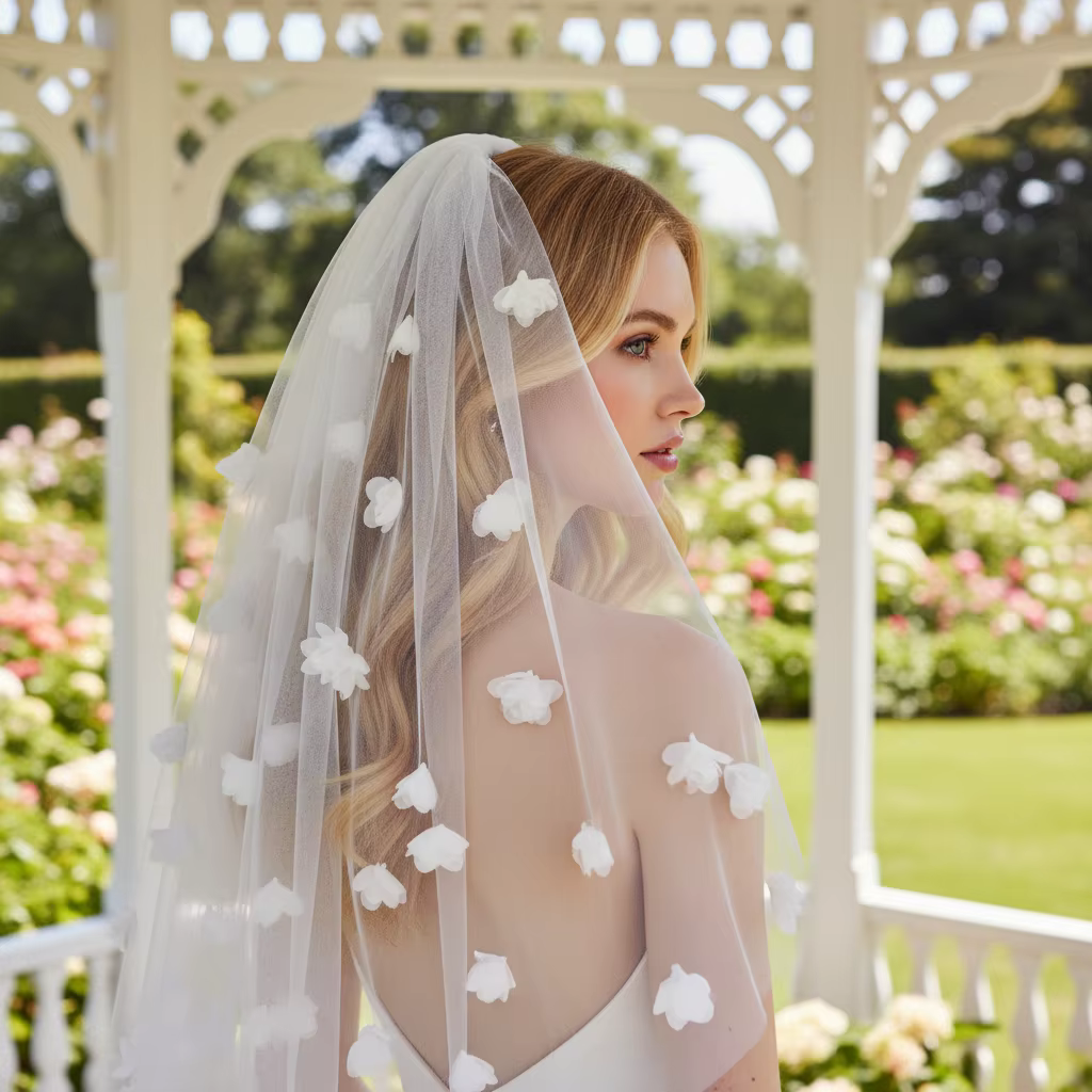 Voile de mariée élégant en tulle avec appliques florales 3D