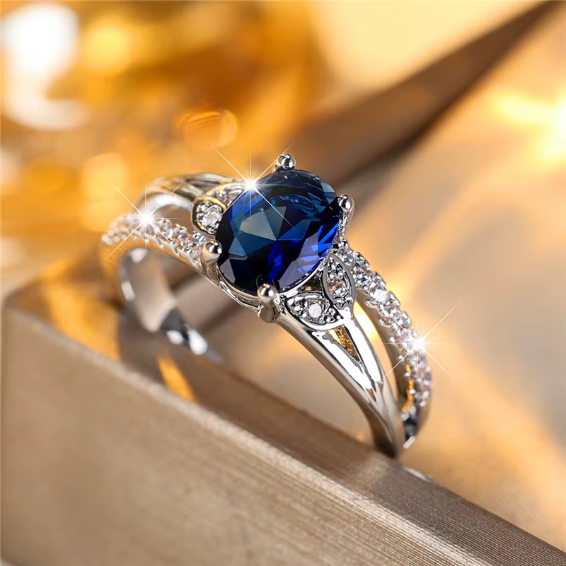 Bague Boho en pierre de Zircon ovale bleu pour femme