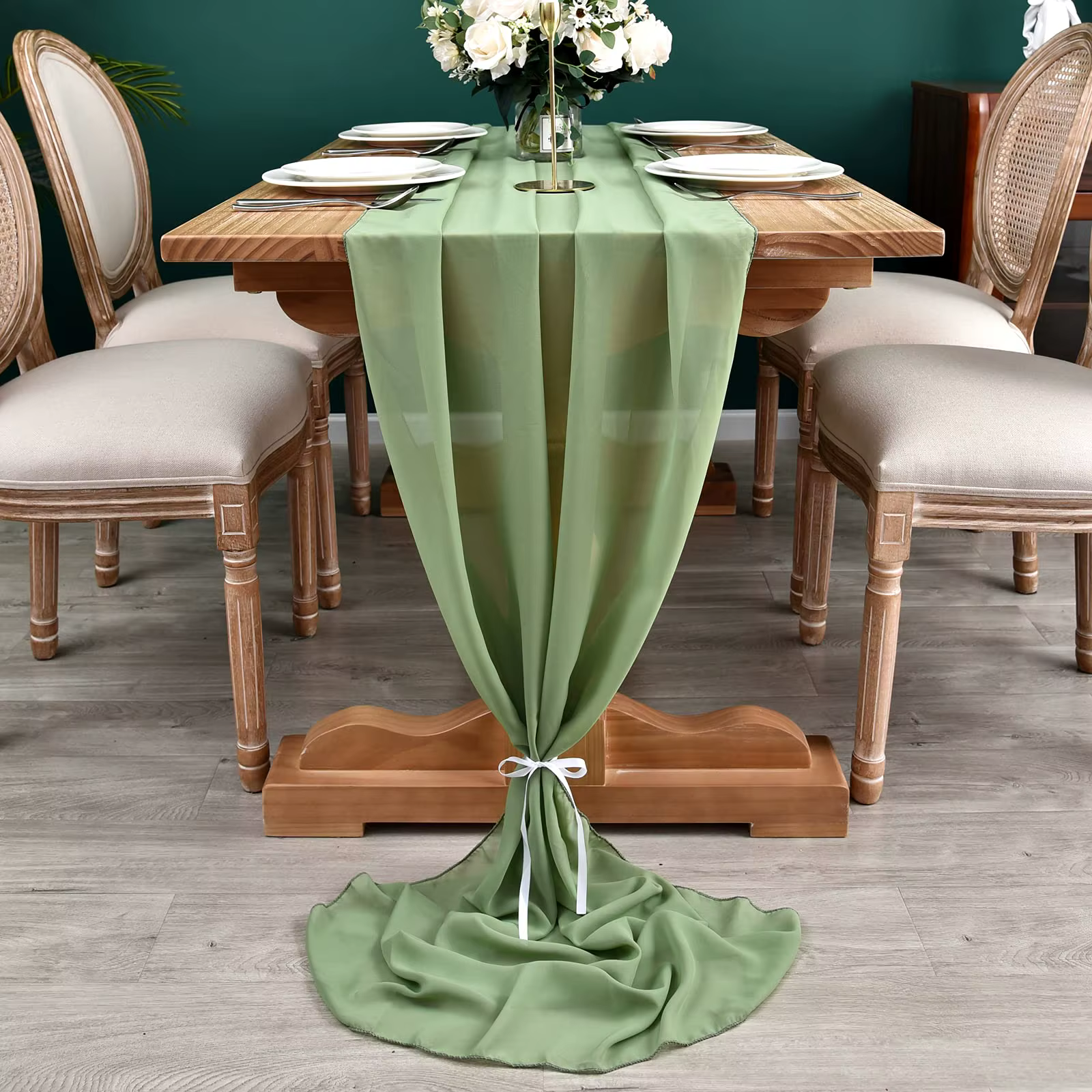 Chemin de Table en mousseline de soie vert sauge