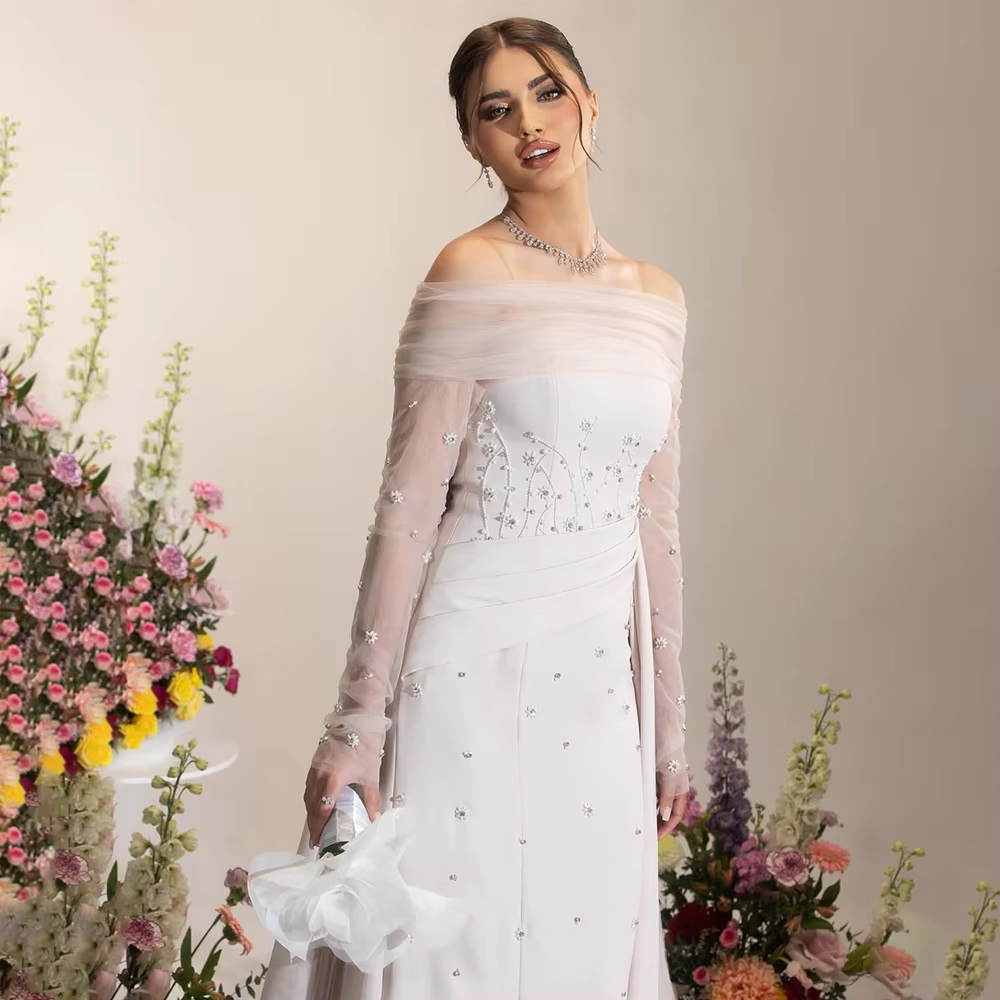 Robes de soirée de mariage élégantes col bateau manches longues perles