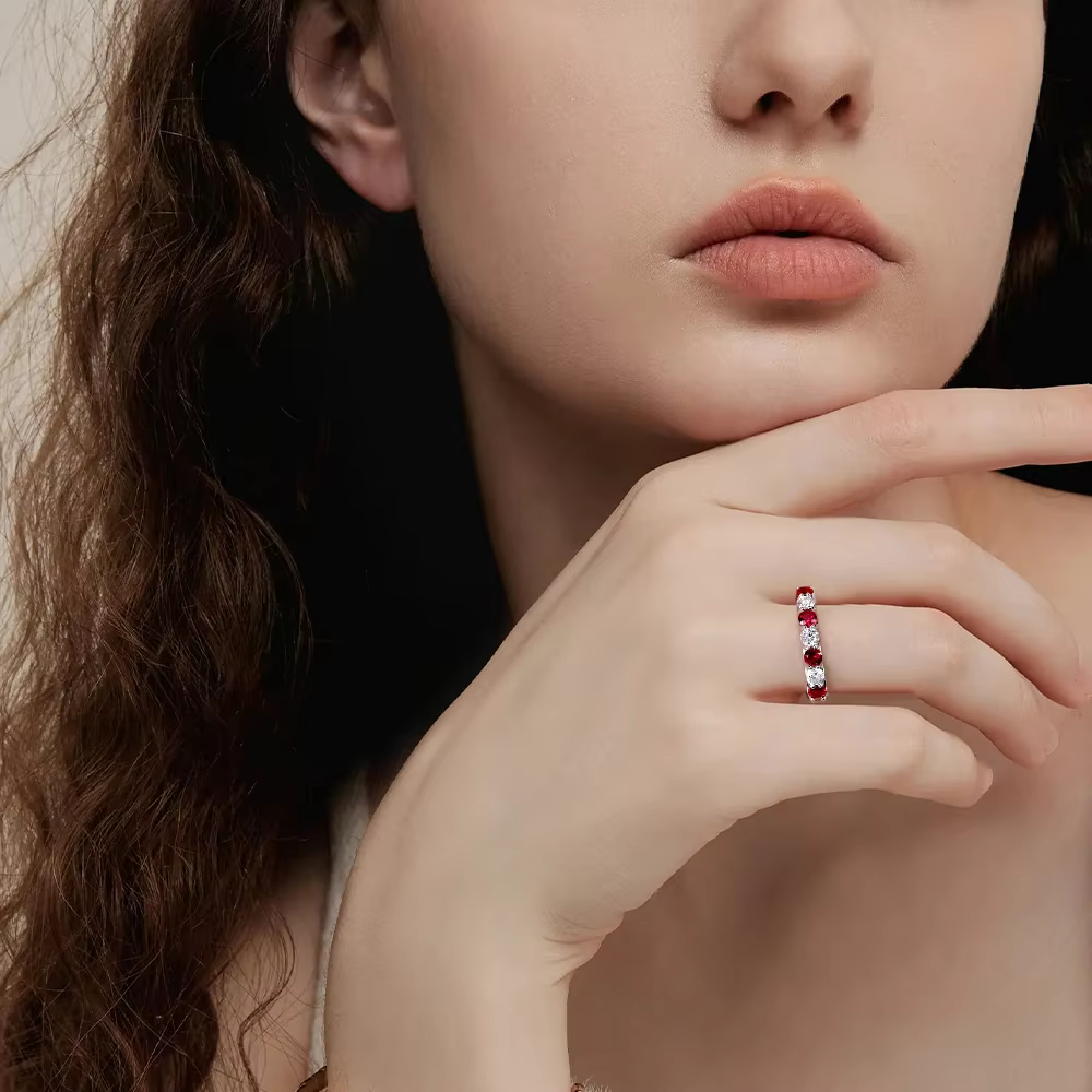 Bague LinkerLove Ruby pour femme, argent sterling S925, pierre précieuse moissanite, 7 pierres alternées, alliance de mariage, bijoux, cadeau d'anniversaire