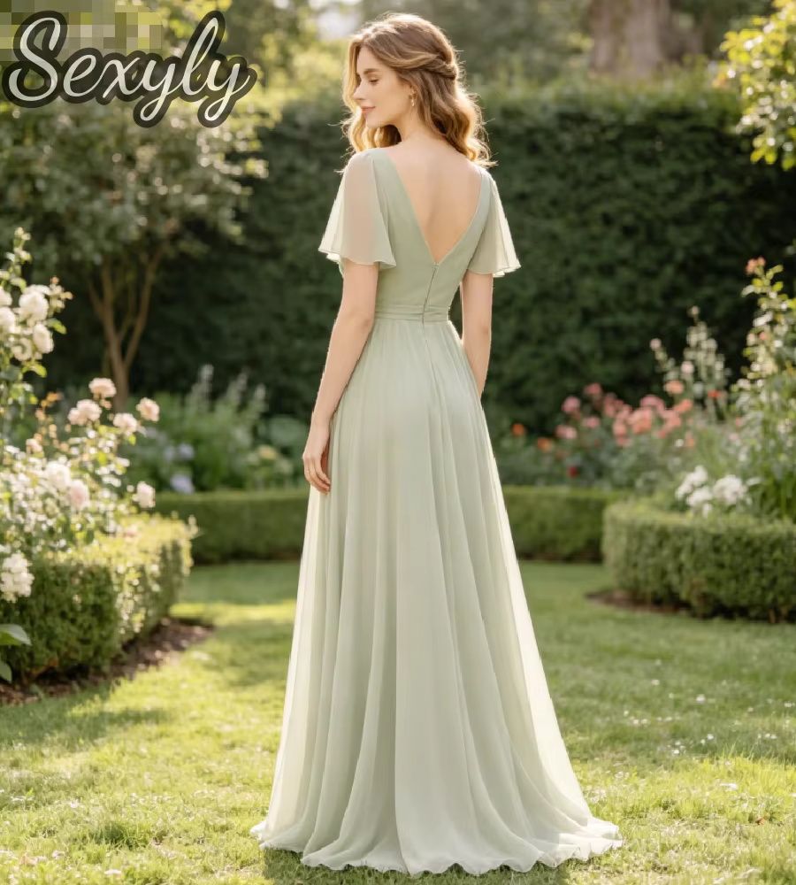Robe de Demoiselle d'Honneur en Chiffon Vert Sauge