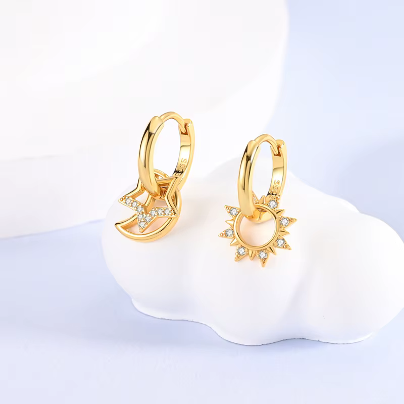 Offre spéciale couleur or argent 925 boucle d'oreille pour femme ronde soleil lune coeur cerceau