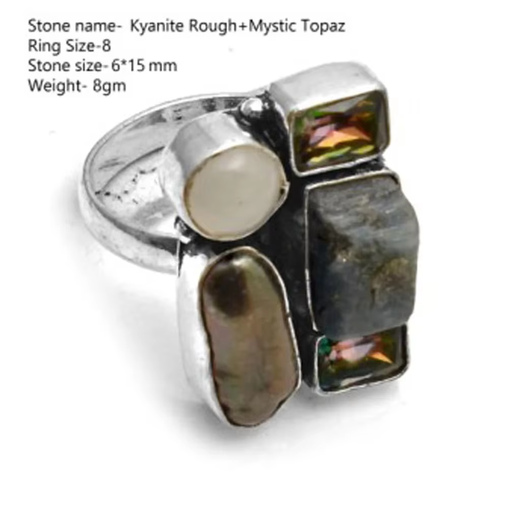 Véritable Elena Kyanite rugueuse Larimar topoaze bleue pierre de lune bague femmes bijoux cadeau