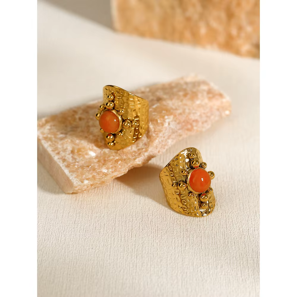 YACHAN 18K plaqué or inoxydable femmes large anneau luxe Pierre orange texture métallique bijoux esthétiques de mode