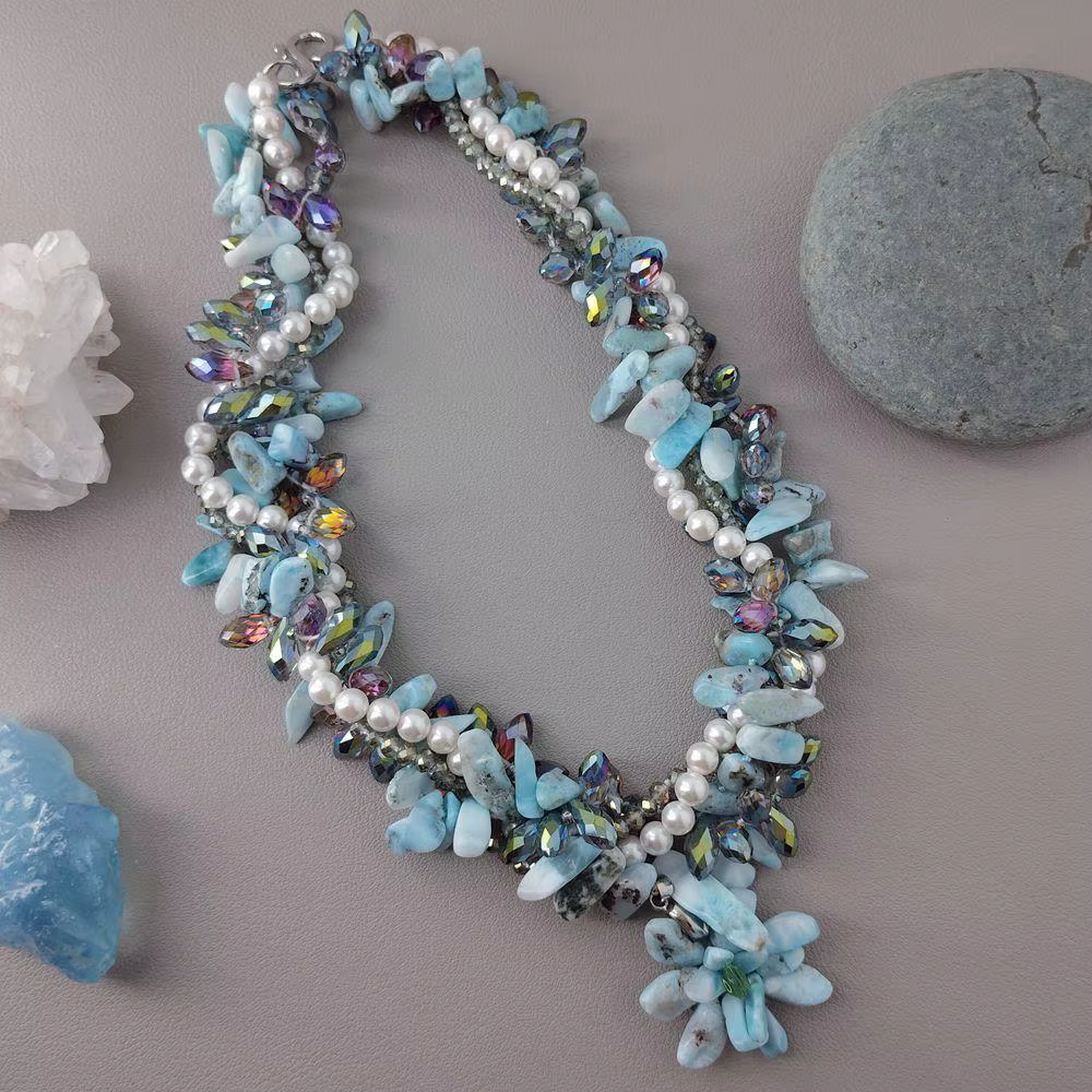 KKGEM 4 brins 9x16mm Larimar 6mm coquille de mer blanche cristal Torsade collier élégant déclaration colliers bijoux
