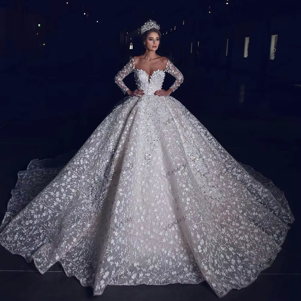 Robes de mariée glamour, robes de mariée exquises, appliques en dentelle, manches longues, robes свадебное платье, Vestidos De Novia, sur mesure