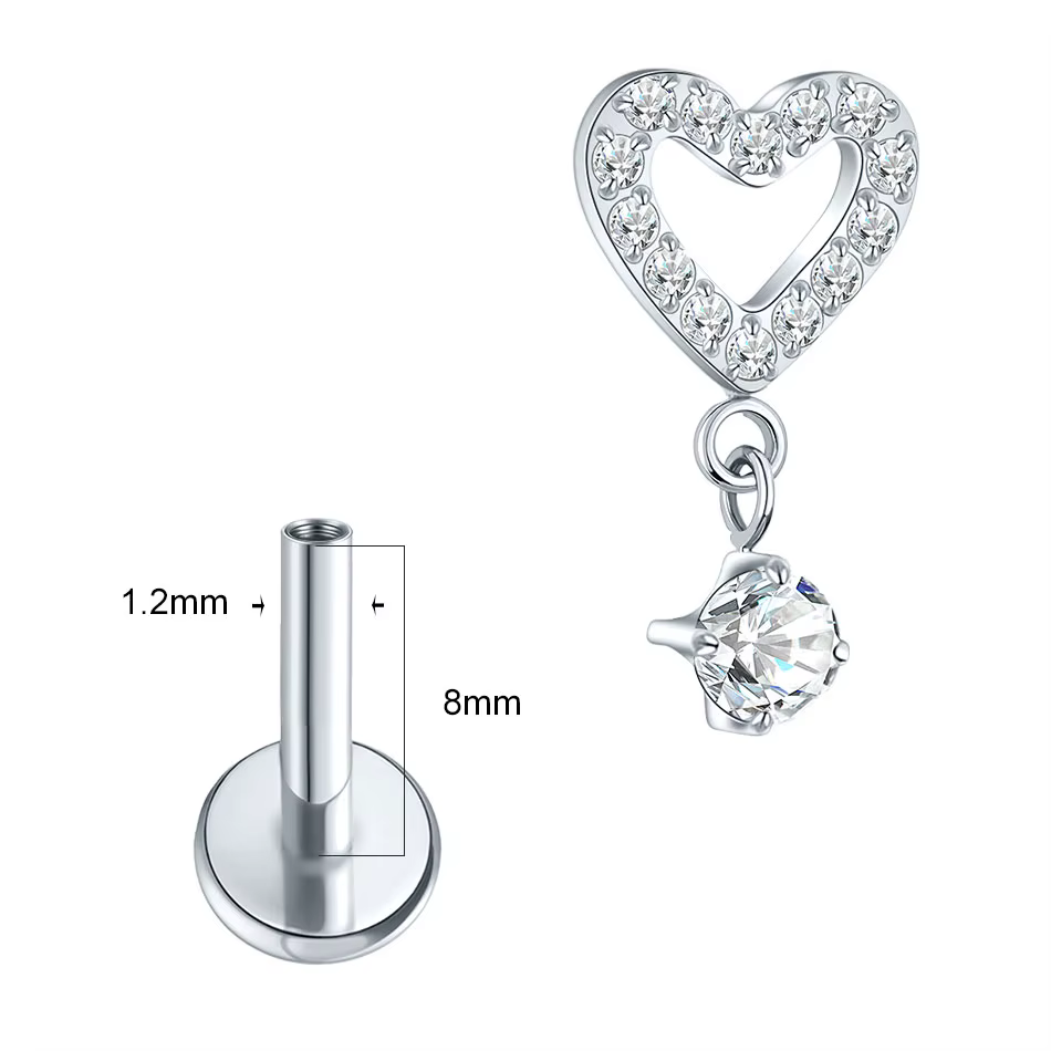 1 pièce Piercing Hélix Plat en Titane avec Zircon en Forme de Cœur pour Femme