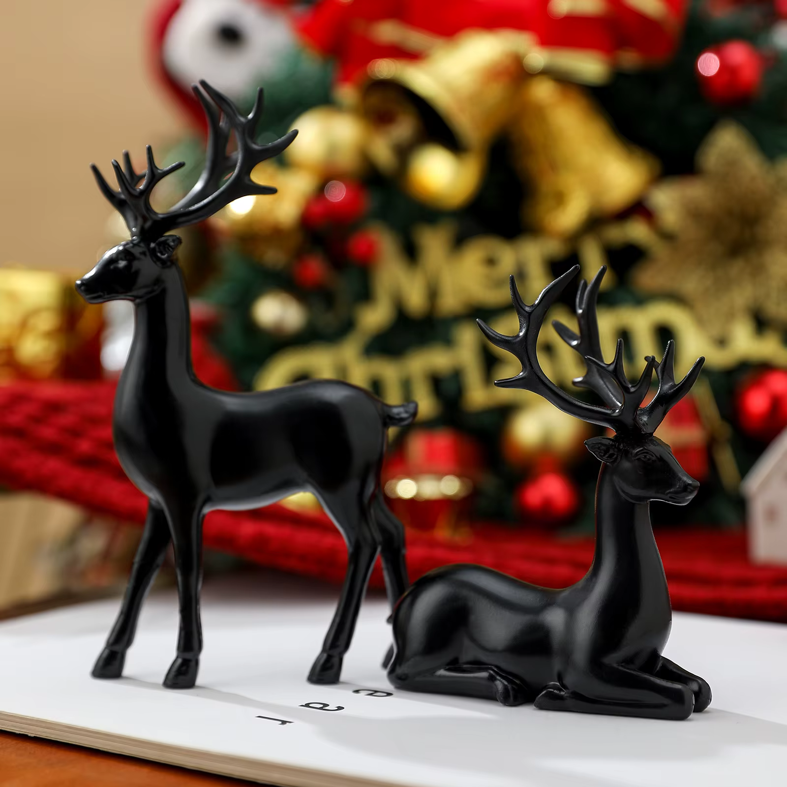 2 pièces décor de renne de noël résine debout assis cerf Figurine