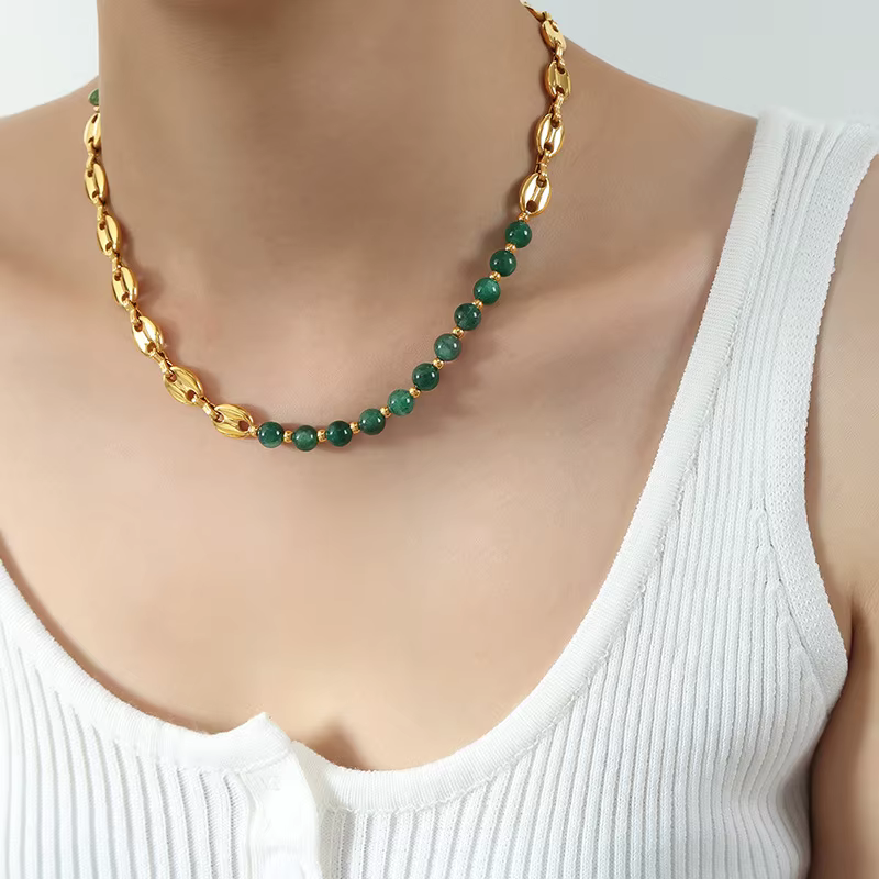 Magnifique collier de perles d'agate verte pour femmes
