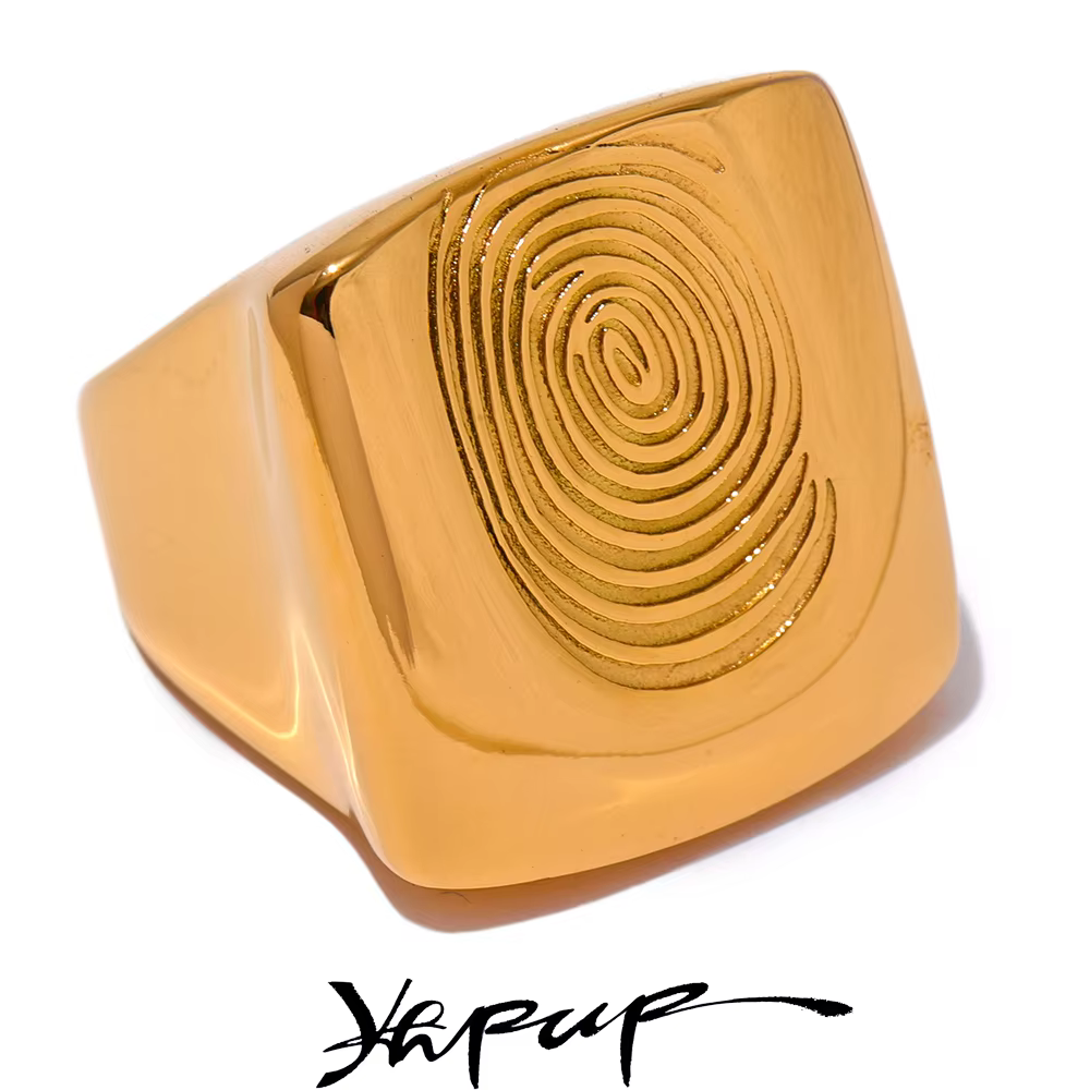 Yhpup personnalisé en acier inoxydable carré empreinte digitale large anneau élégant Unique Texture métal bijoux femmes 18K or PVD plaqué