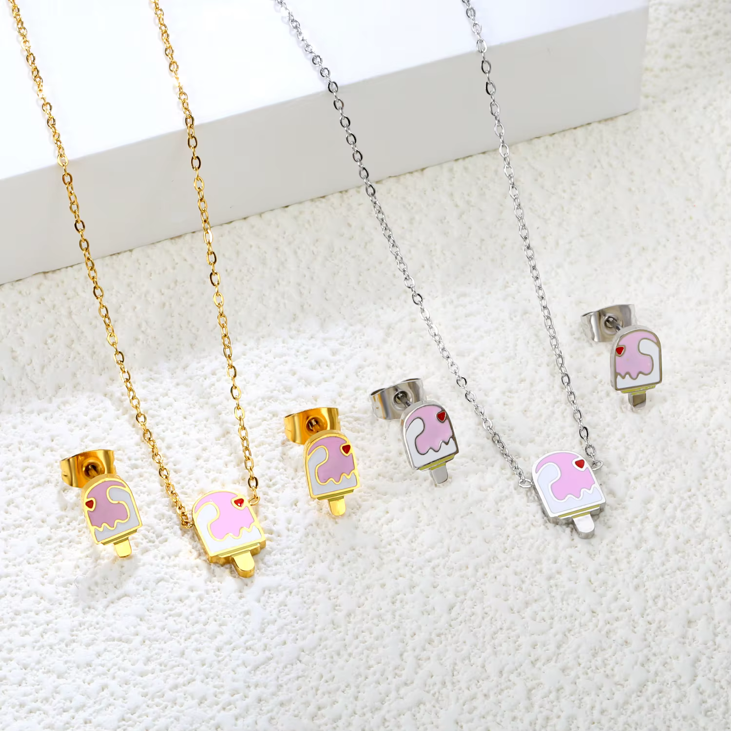 LUXUKISSKIDS été crème glacée pendentif ensemble de bijoux rose glace Popsicle mignon filles jeunes dames en acier collier boucles d'oreilles ensembles