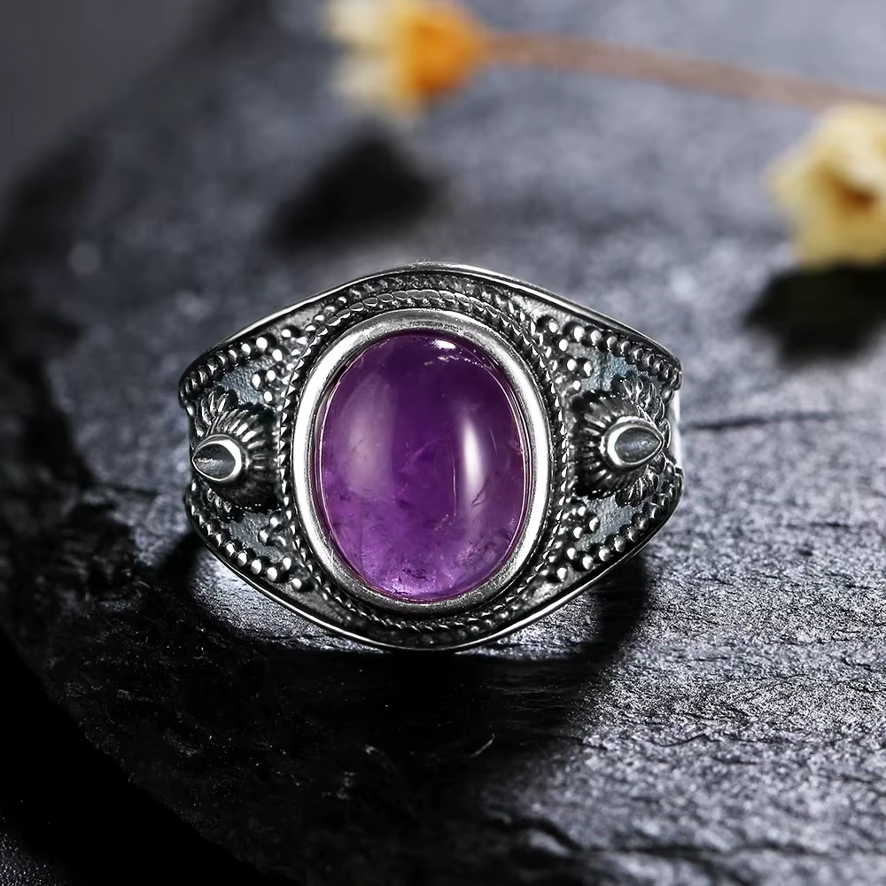 Bagues en argent améthyste naturelle pour hommes et femmes