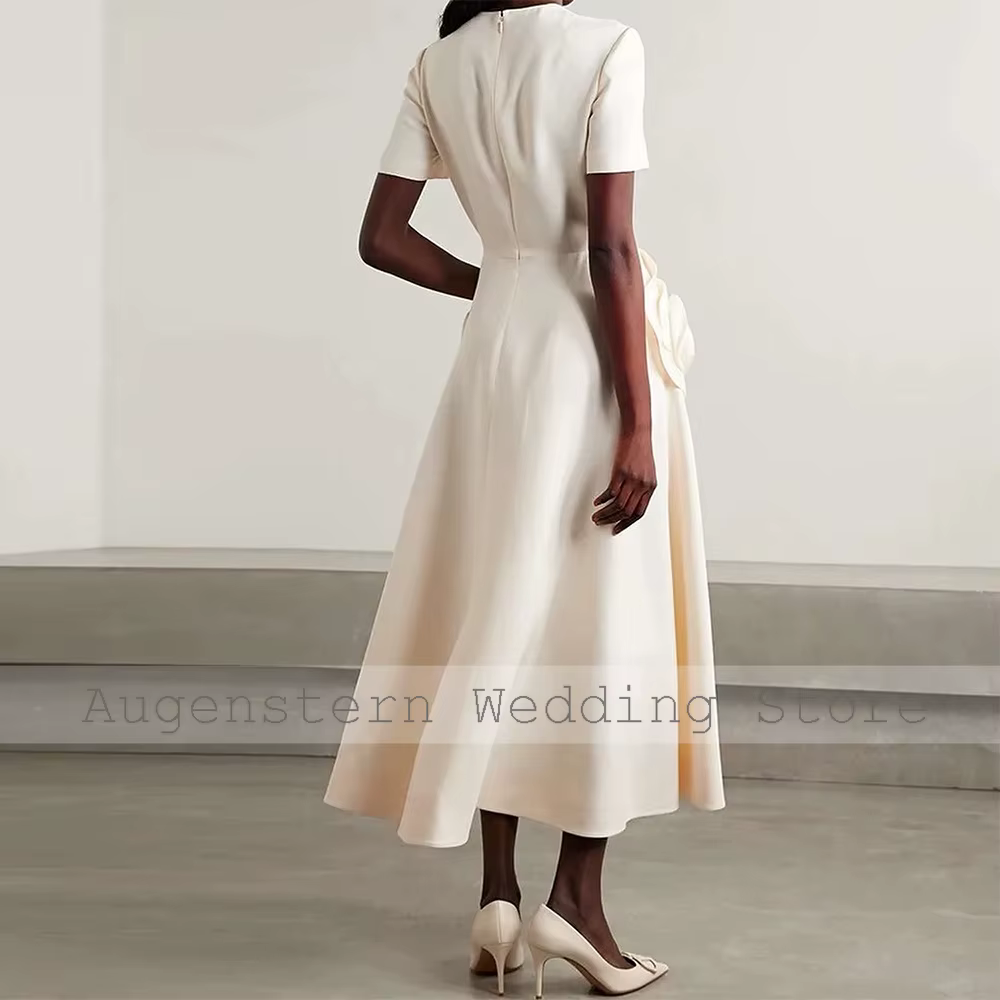 Robes de soirée de mariage simples Jersey a-ligne robe de fiançailles Champagne col rond fleurs 3D fermeture éclair Hall