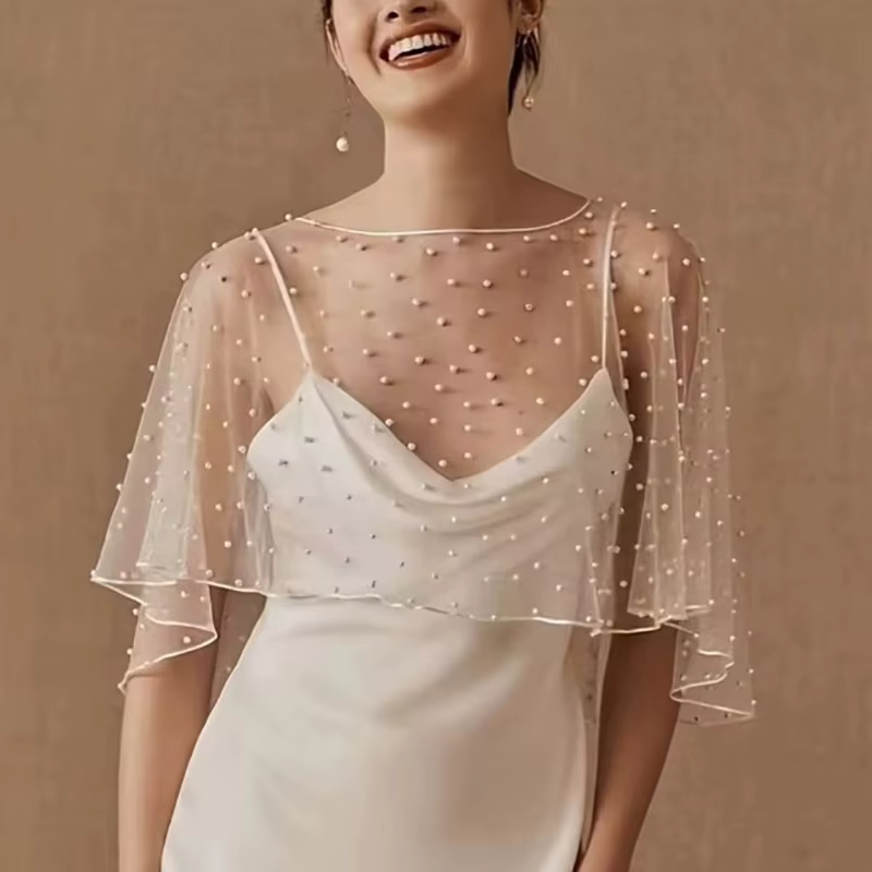 Perle perlée enveloppe de mariage col bijou transparent doux Tulle devant court Long dos châle accessoires