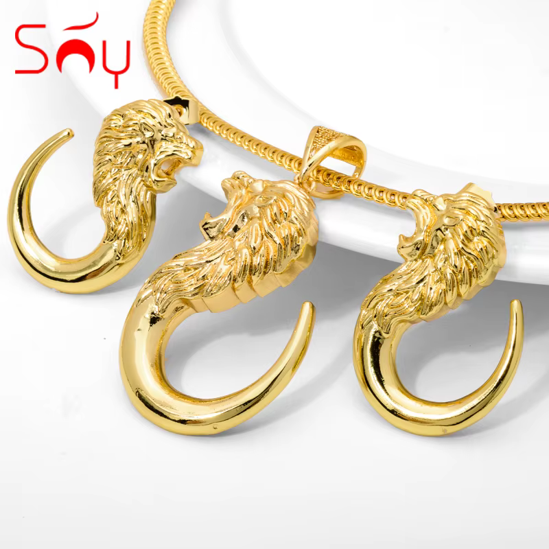 Ensembles de bijoux ensoleillés Hip Hop tête de Lion conception exagérée boucles d'oreilles pendentif collier femmes cuivre plaqué or de haute qualité