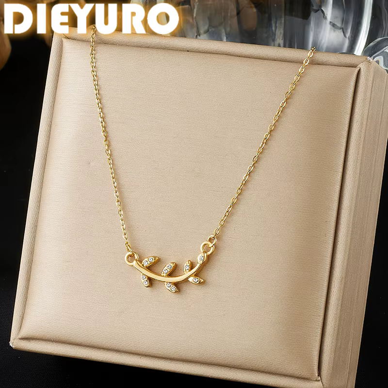 DIEYURO – collier classique en acier inoxydable 316L doré avec feuilles incrustées de Zircon pour femmes