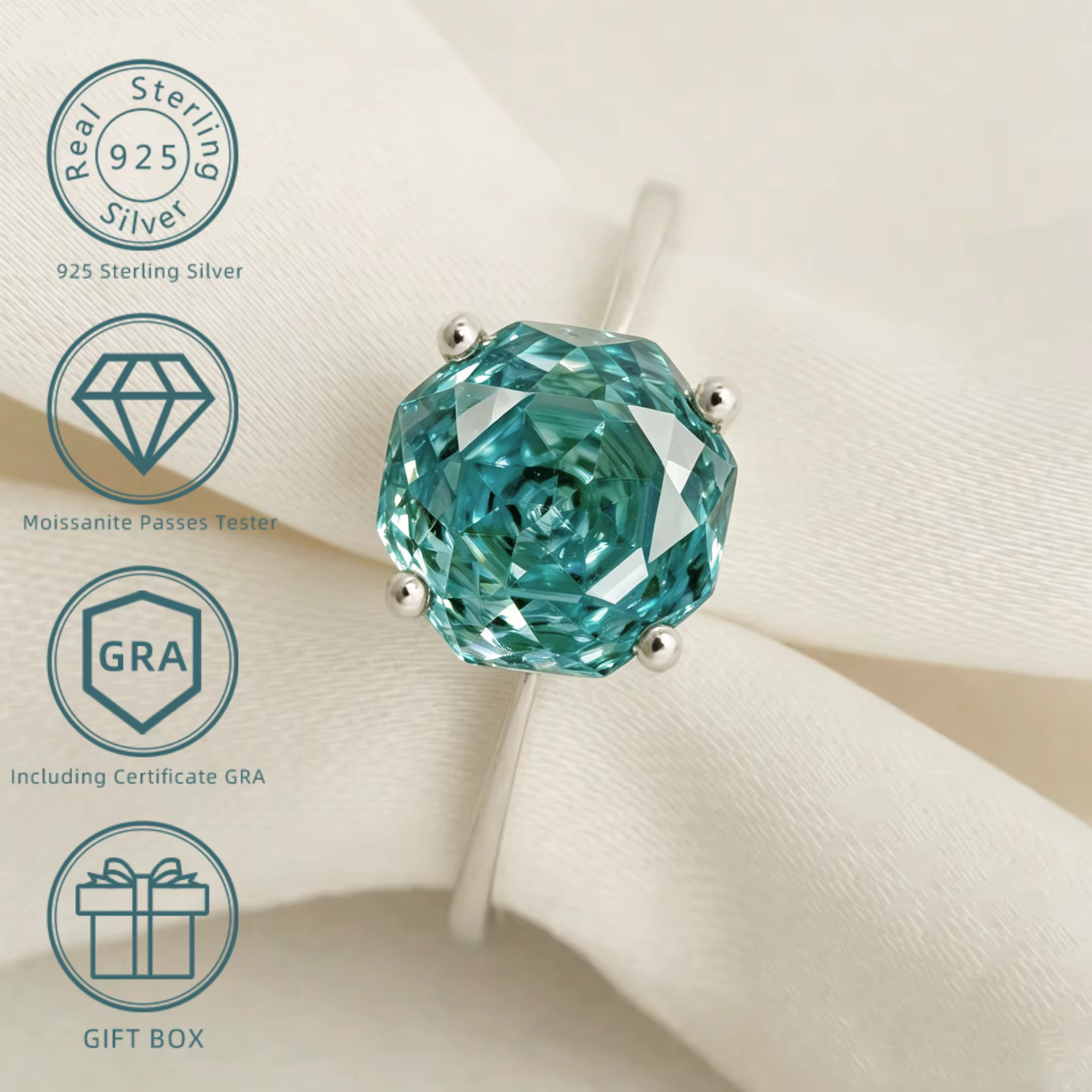 Bague solitaire en moissanite bleu-vert taille octogonale 8*8mm 2 carats