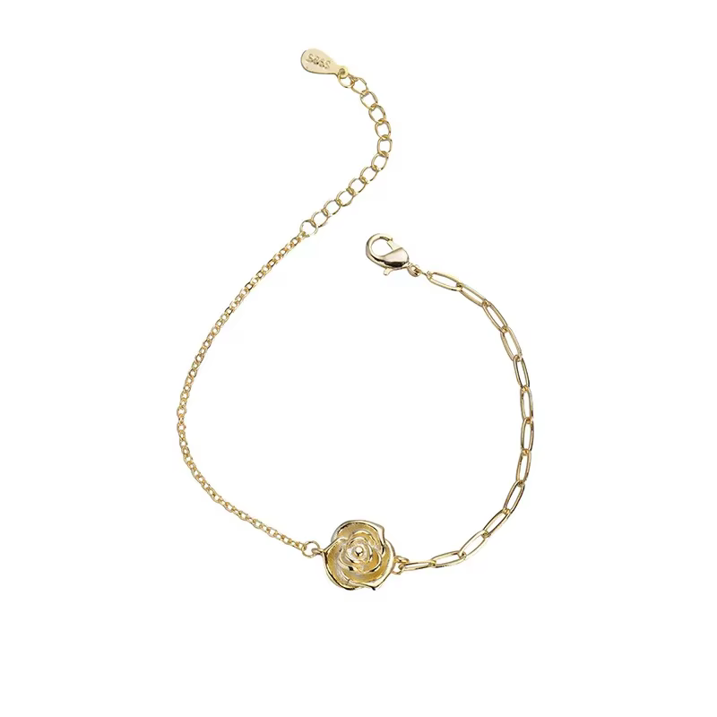 Bracelet vintage couleur or avec fleur de rose pour femme