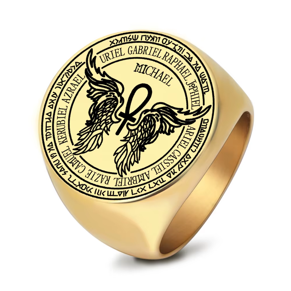 Bague Talisman Fête des Archanges 12 Anges Gardiens Médaillon Ailes Ankh Puissance de Vie Amulette Magique Bijoux Bagues en Acier Inoxydable