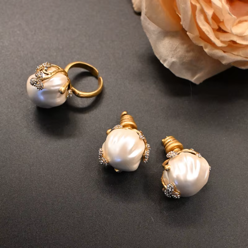 KEQIU – bague en laiton vintage sertie d'un clou de bourgeon de fleur de perle baroque haut de gamme
