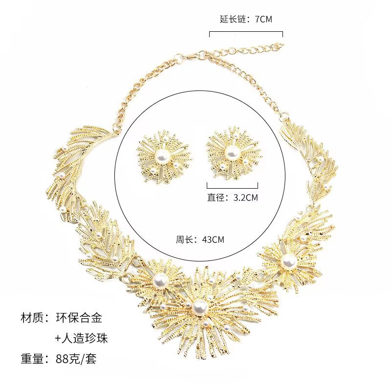 Ensemble collier et boucles d'oreilles en alliage géométrique serti de perles - accessoire féminin