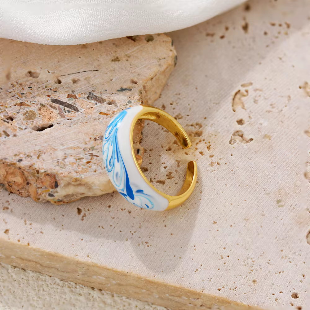 Bague ouverte Vintage en émail bleu blanc pour femmes