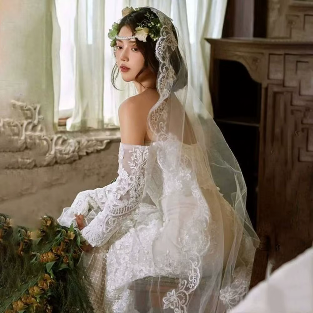 Voile de mariée en dentelle à fleurs