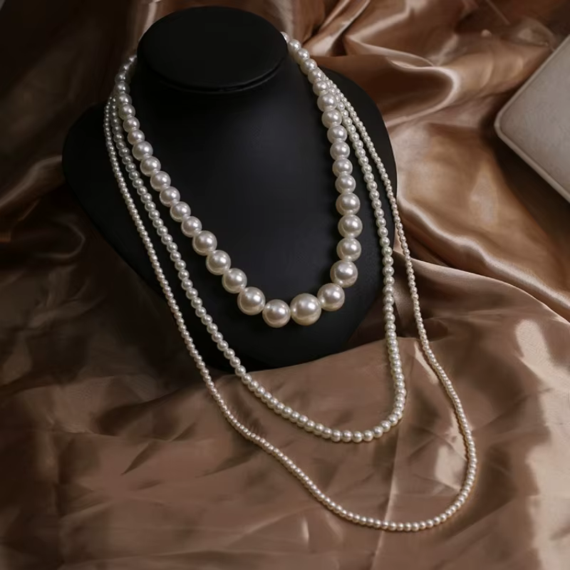 SHMIK Collier long multicouche élégant pour femme avec perles et camélias