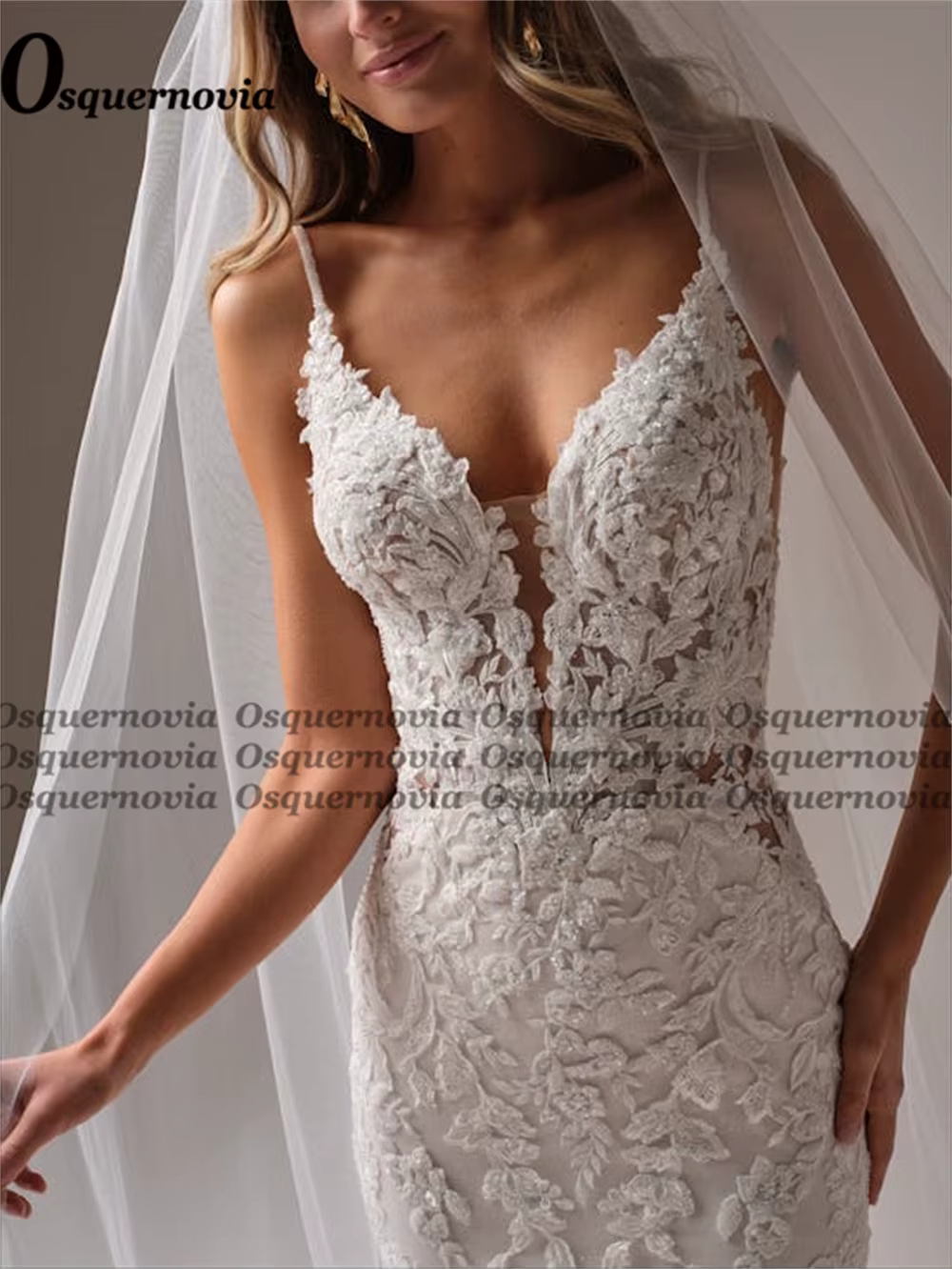 Osquernovia – Robes de mariée attrayantes à col en V pour femmes
